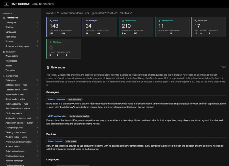The MCP catalogue for the development world, resolved for one user : 143 tools of 244 registered, 34 prompts, 210 resources, 11 references, 15 providers, and the categories in the sidebar with their counts.
